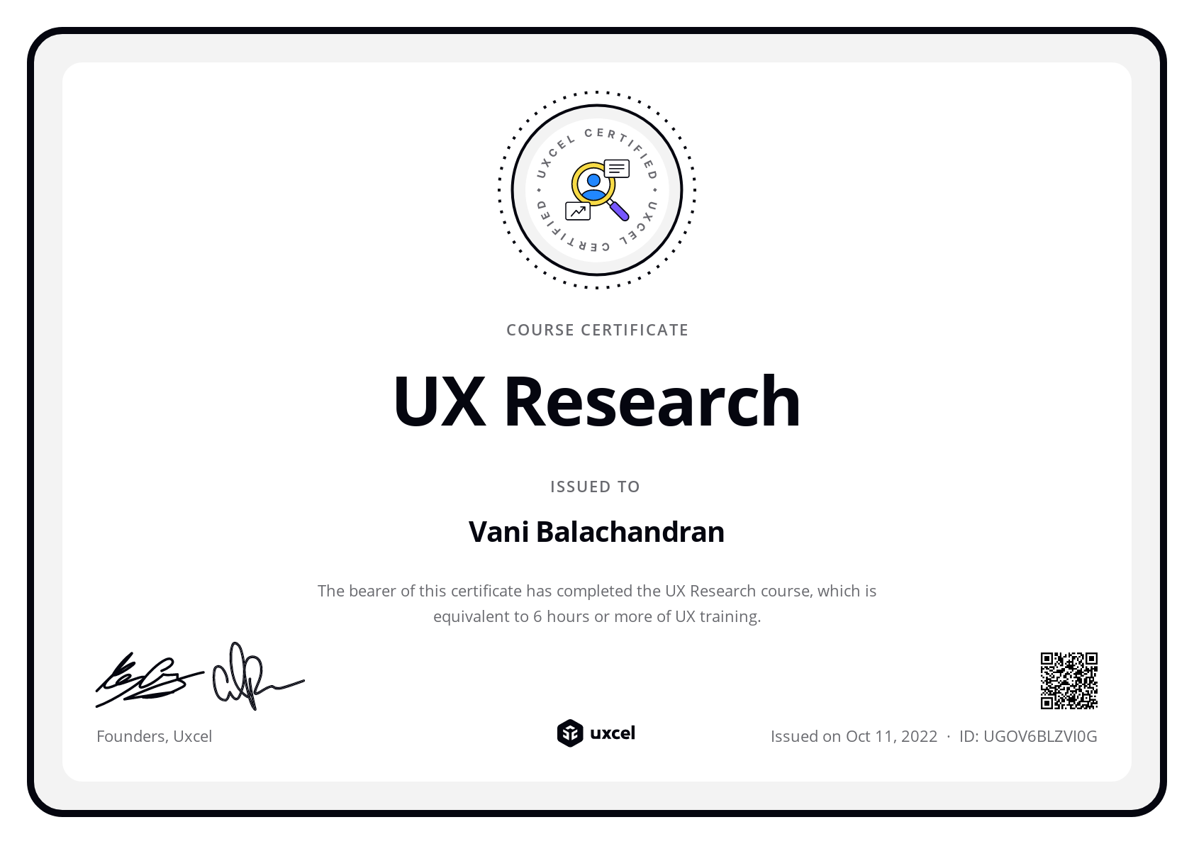 Vani Balachandran's certificate